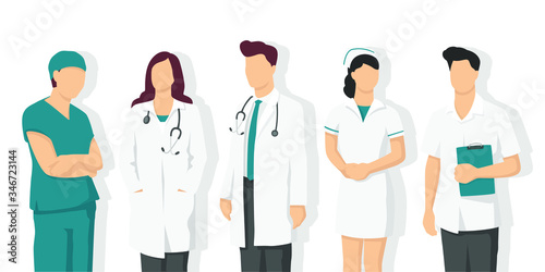 Doctor team in modern flat style, nurse, pharmacist, simple medical concept isolated on white background.