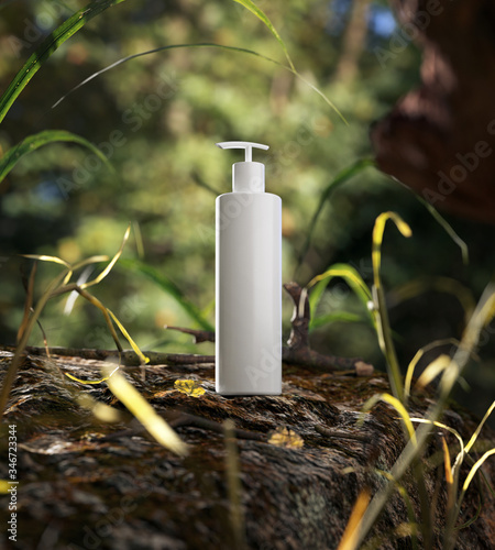 Natural Cosmetic product presentation. Ourdoors forest placement. White blank Jar shampoo bottle. 3d illustration content.