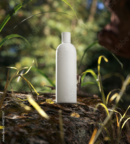 Natural Cosmetic product presentation. Ourdoors forest placement. White blank Jar shampoo bottle. 3d illustration content.