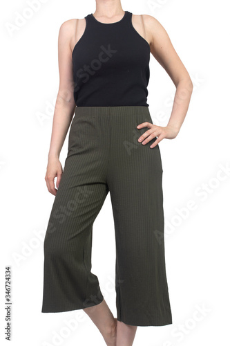 girl in a black shirt dark green flared capri isolated on white, body part