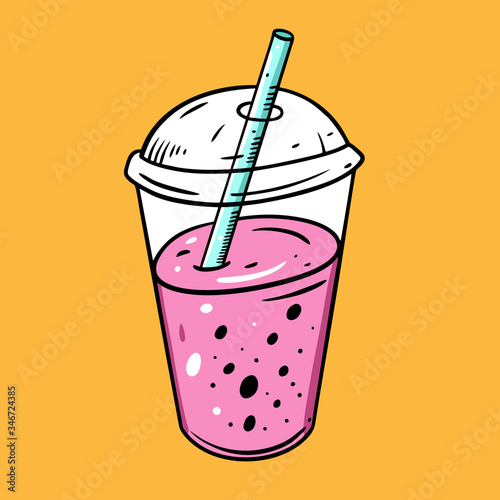 A vector illustration of a pink smoothie or cocktail with a straw in a transparent plastic cup, on a yellow background. Vibrant and refreshing.
