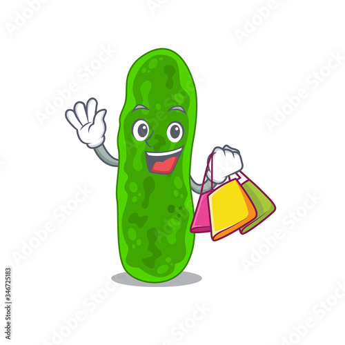 Rich and famous legionella micdadei cartoon character holding shopping bags