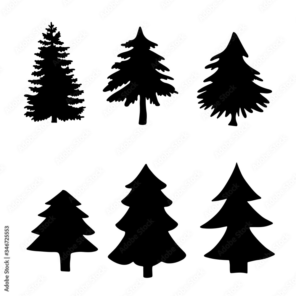 Obraz premium Isolated Pine on the white background.Pine silhouettes. Tree hand drawn.Vector EPS 10.