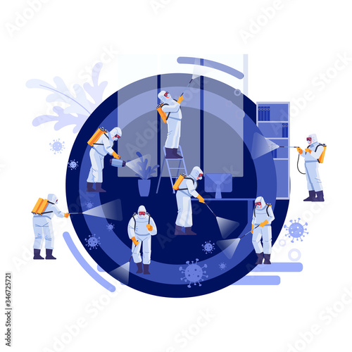 Disinfection Services and Deep Cleaning. Coronavirus, pandemic. Group Of Janitors In Uniform Cleaning and remediation to curb infection. Vector illustration.