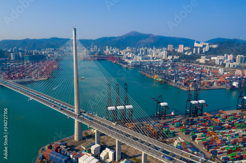 Top view of Hong Kong container terminal port and suspension bridge photo
