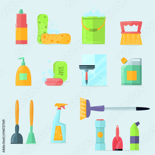 cleaning supplies tools flat icons set