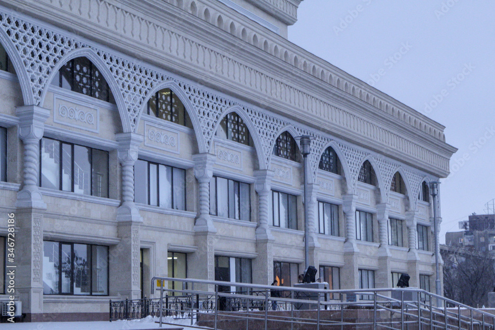 The architecture of the building is decorated with Kazakh national patterns.