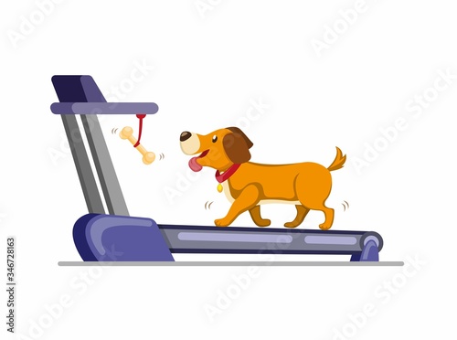 dog running in treadmill to get bone. training dog to run or walk in home. cartoon flat illustration vector isolated in white background