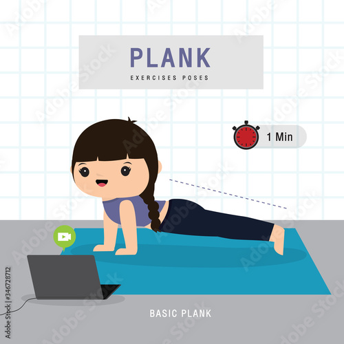 Plank Workout. Woman doing Planking exercise and yoga training at gym home, stay at home concept. Character Cartoon Vector illustration