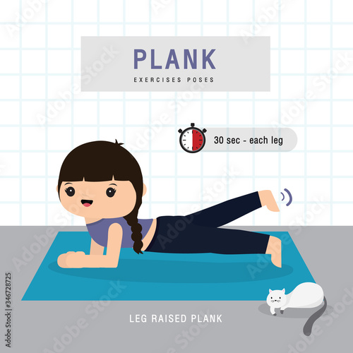 Plank Workout. Woman doing Planking exercise and yoga training at gym home, stay at home concept. Character Cartoon Vector illustration