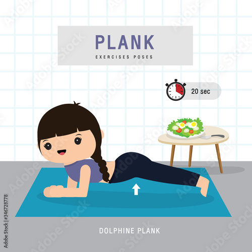Plank Workout. Woman doing Planking exercise and yoga training at gym home, stay at home concept. Character Cartoon Vector illustration
