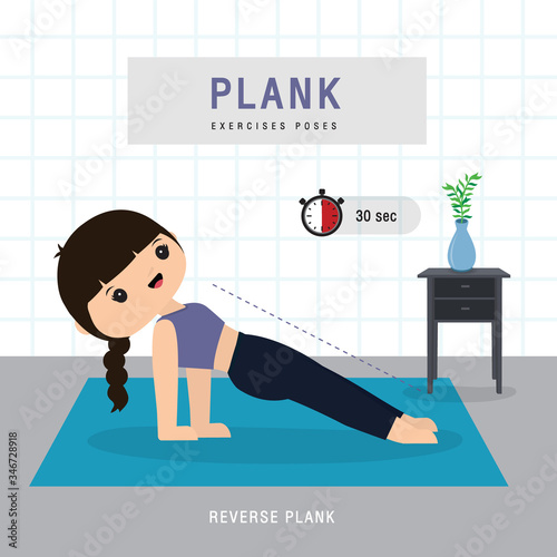 Plank Workout. Woman doing Planking exercise and yoga training at gym home, stay at home concept. Character Cartoon Vector illustration