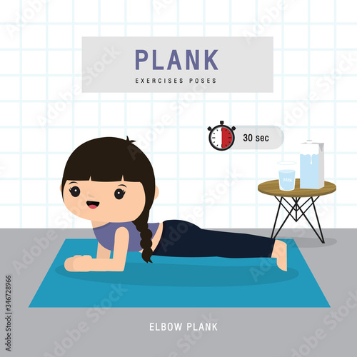 Plank Workout. Woman doing Planking exercise and yoga training at gym home, stay at home concept. Character Cartoon Vector illustration