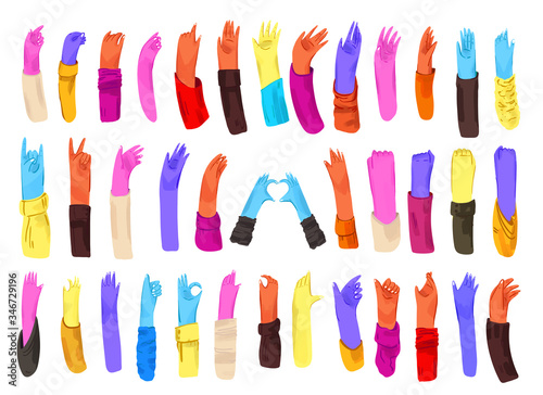 Human bright colored hands with collection of signs and hand gestures - ok  love  greetings  waving hands  phone and app control with fingers  fist up. Man and woman hands set