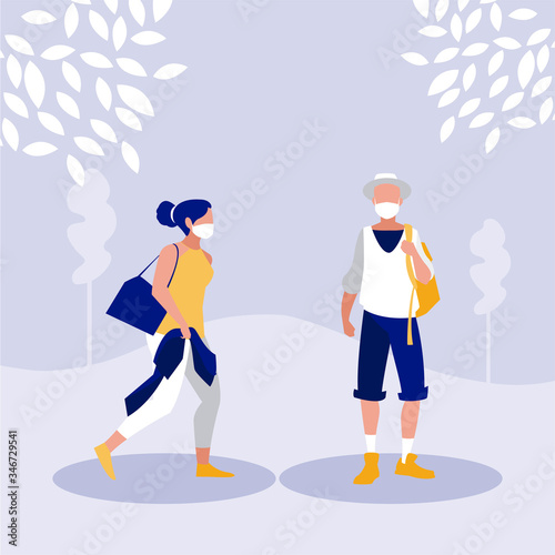 Woman and man with mask outside vector design