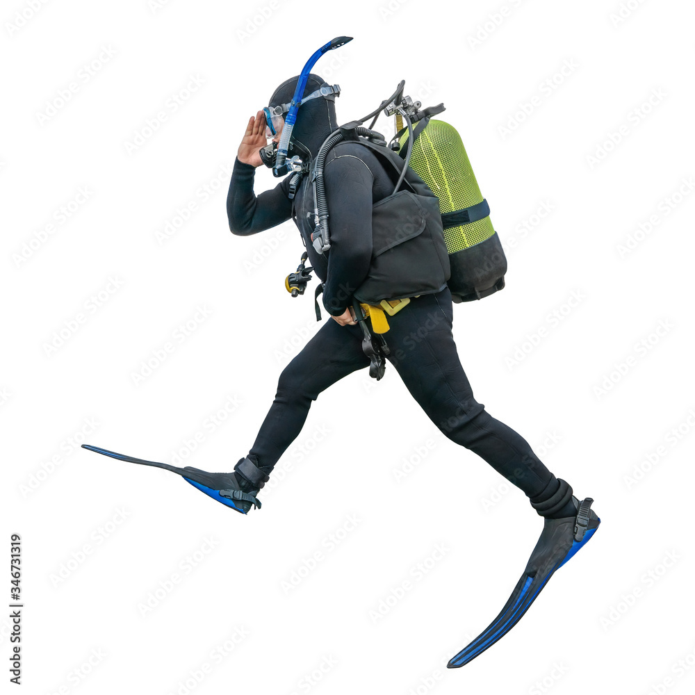 Scuba diver with equipment and flippers isolated on white background Scuba diver with equipment and flippers isolated on white background