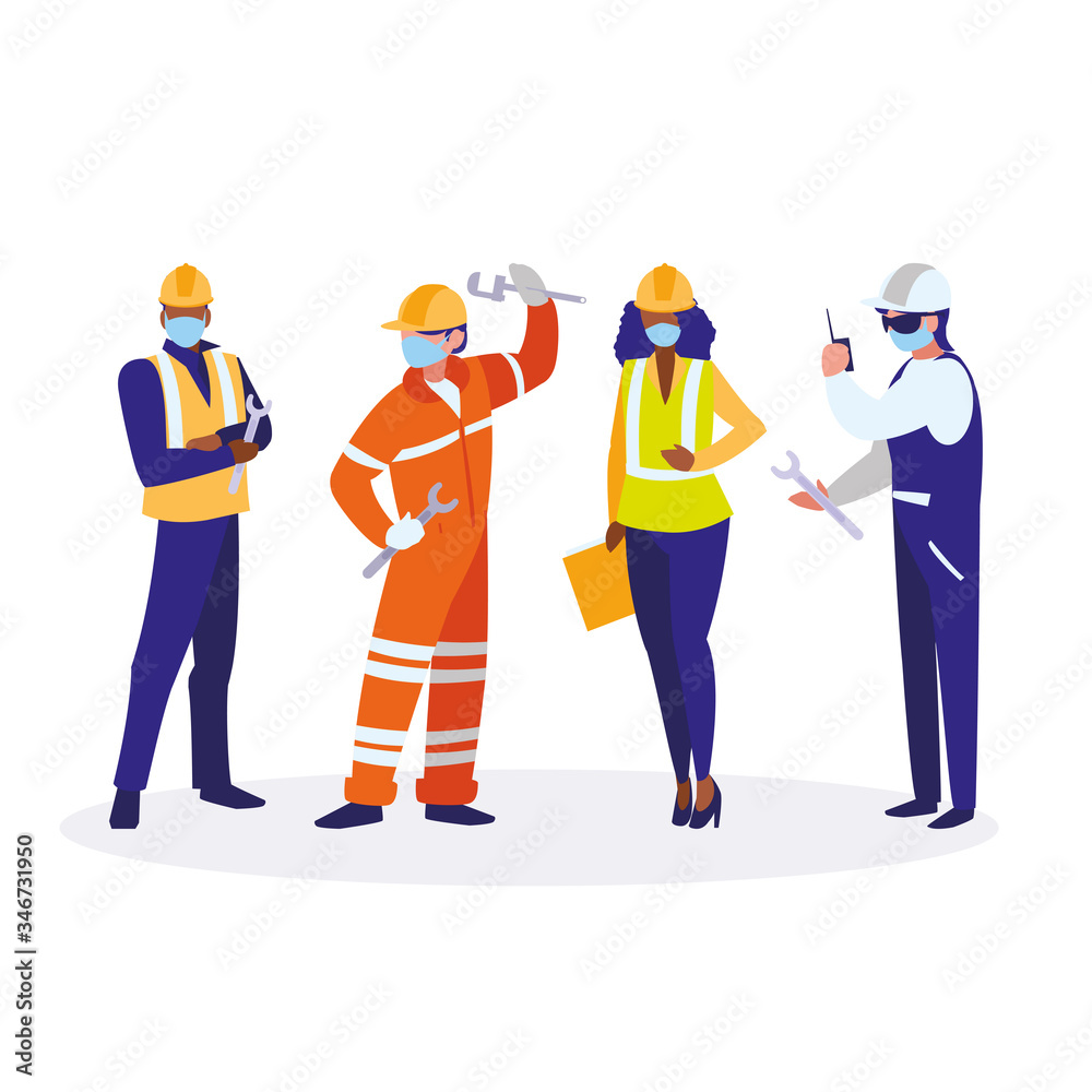 Industrial workers working with face mask Industrial workers working with face mask
