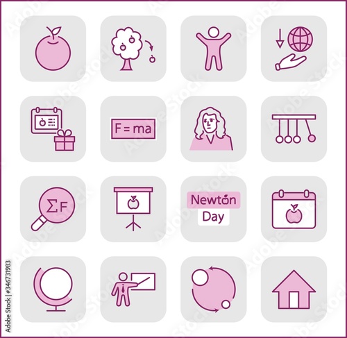 Newton's Day Set Line Vector Icon. Contains such Icons as Newton, Laws of physics and gravity, Flying Apple, Calendar, Teacher, blackboard and projector Editable Stroke. 32x32 Pixel Perfect