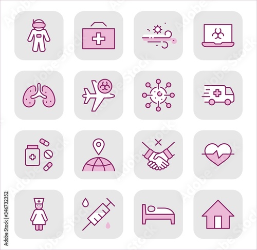 Set of Coronavirus Protection Vector Line Icon. Contains such Icons as Ambulance, Novel CoronaVirus, Protective Measures, Symptoms, Incubation Period and more. 32x32 Pixels. Editable Stroke