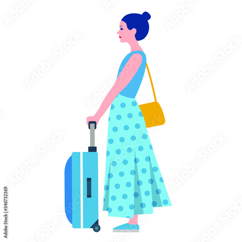 standing girl in a skirt with suitcase. Waiting young woman traveling with baggage flat style vector illustration