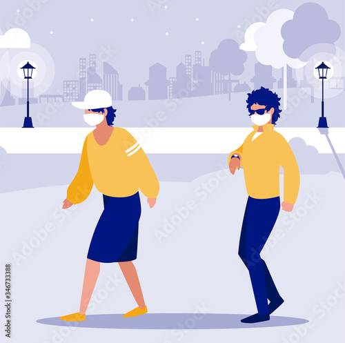 Men with masks outside at park vector design
