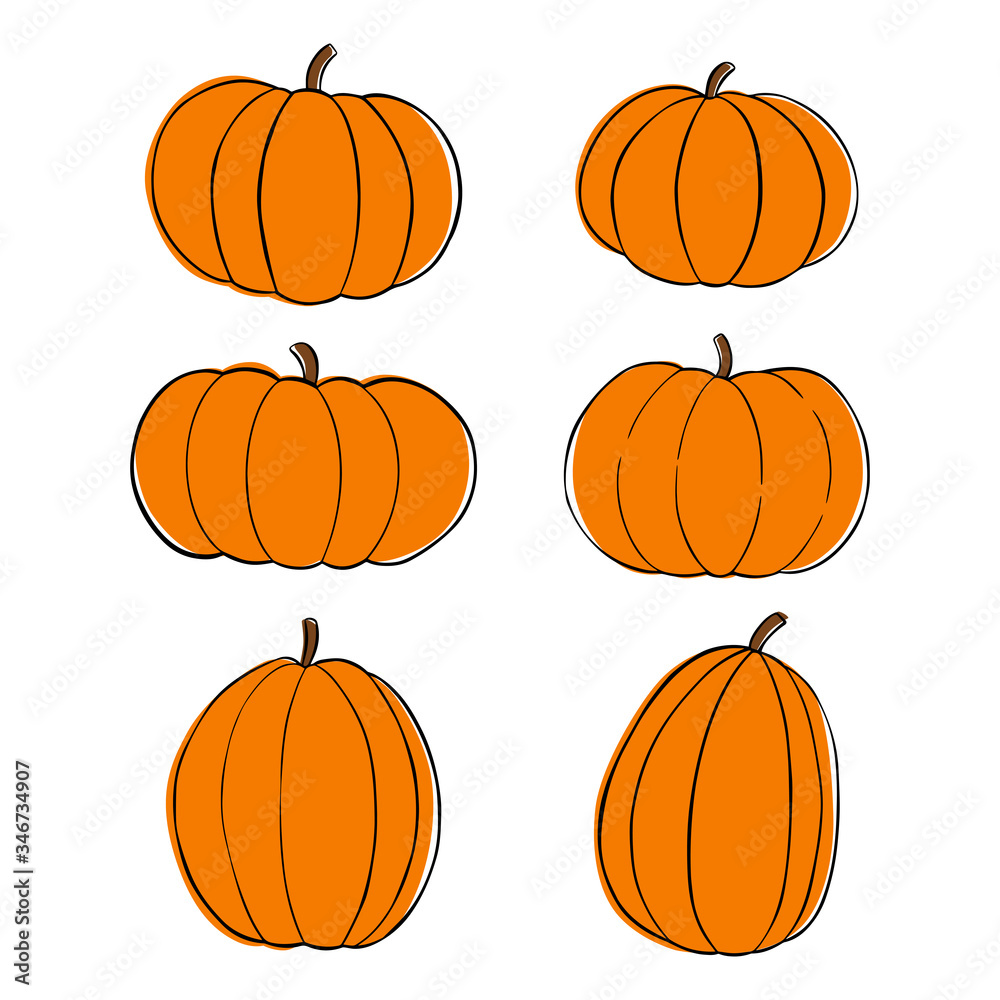 Cartoon flat vector pumpkin set illustration. Simple pumpkins without a face. Vegetable objects isolated on white background. Design for Halloween card, poster, banner, web, flyers. 