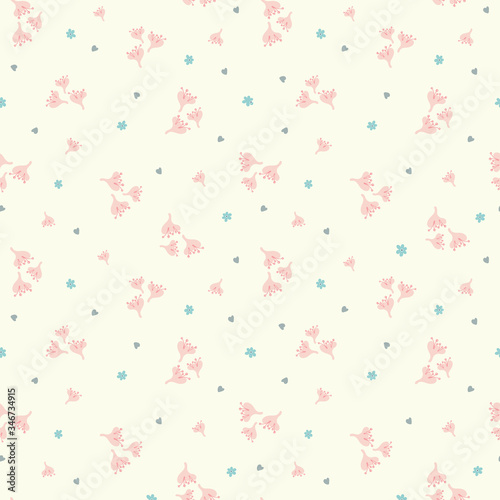 Floral pattern background. Vector small flower design with heart shapes. Pretty seamless repeat in pink, grey and cream.