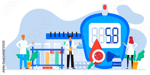 World diabetic awareness day. Glucometer, blood glucose meter, pills, syringe, insulin vial. Diabetes concept. Blood sugar test with doctor, lab assistants. For web landing page template, banner
