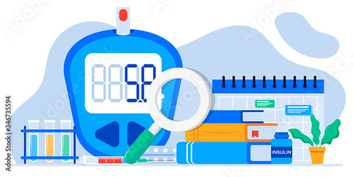 World diabetic awareness day. Glucometer, blood glucose meter, pills, syringe, insulin vial. Diabetes concept. Blood sugar test with doctor, lab assistants. For web landing page template, banner