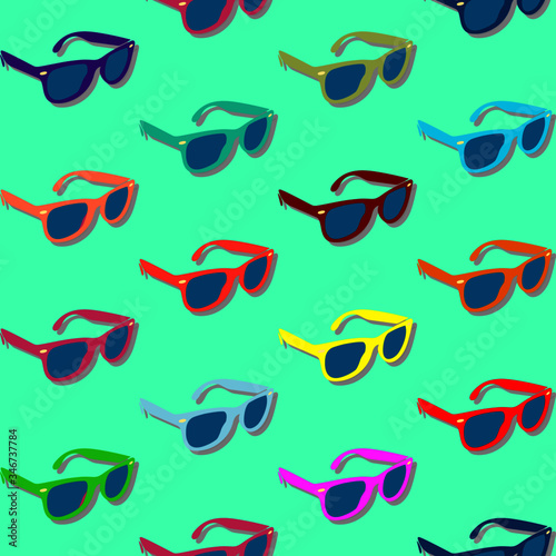 Seamless background with multicoloured sunglasses on trendy mint colour background