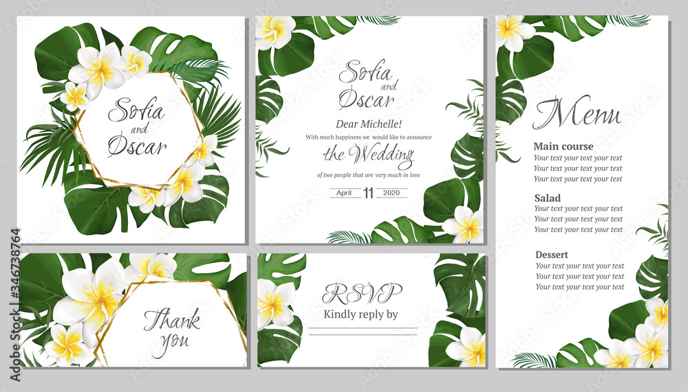 Floral tropical design for your holiday. White frangipani flowers, tropical leaves, palm trees, monstera, golden frame. Template for a wedding invitation. Invitation card, thanks, rsvp, menu.