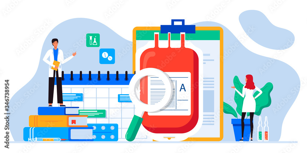 Donating blood in donation bag. Blood donor hemolytic transfusion bank. Medicine and healthcare. Hematology clinical laboratory analysis. Patient blood in test tubes. Banner, flyer, landing page