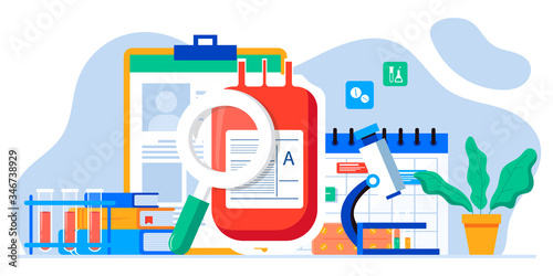 Donating blood in donation bag. Blood donor hemolytic transfusion bank. Medicine and healthcare. Hematology clinical laboratory analysis. Patient blood in test tubes. Banner, flyer, landing page