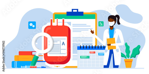 Donating blood in donation bag. Blood donor hemolytic transfusion bank. Medicine and healthcare. Hematology clinical laboratory analysis. Patient blood in test tubes. Banner, flyer, landing page