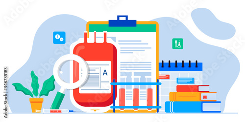Donating blood in donation bag. Blood donor hemolytic transfusion bank. Medicine and healthcare. Hematology clinical laboratory analysis. Patient blood in test tubes. Banner, flyer, landing page