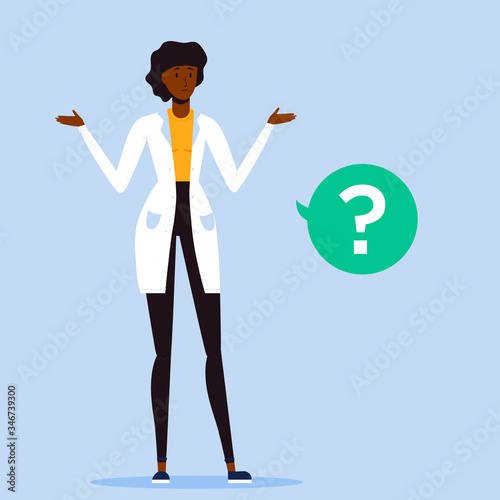 Confused female doctor character standing, thinking and making decision. Flat vector Illustration. Medical clinic or hospital staff. Question mark in speech bubble