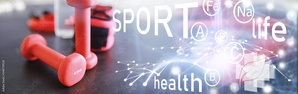 Fototapeta premium Sport and healthy lifestyle. Accessories for sports. Yoga mat dumbbell and jump rope. Sports background home exercises concept.