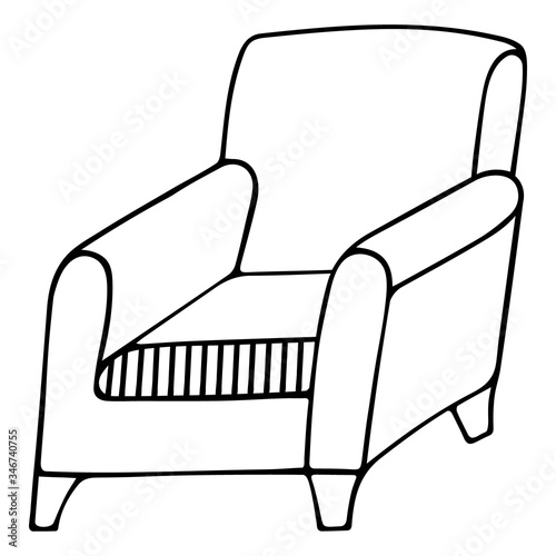 Armchair. Room interior element. Vector illustration in doodle style. Contour on an isolated white background. Sketch. Upholstered furniture for home and office. Illustration for web design.