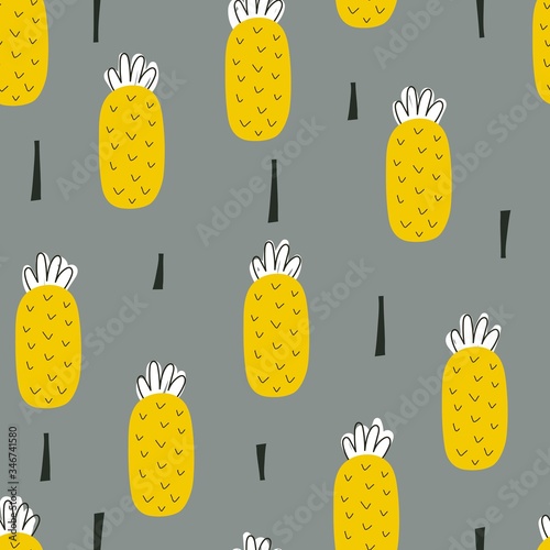 Seamless pattern with cartoon pineapple, decor elements on a neutral background. colorful vector. hand drawing, flat style. design for fabric, print, textile, wrapper