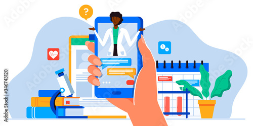 Smartphone screen with male therapist on chat in messenger and an online consultation. Vector flat illustration. Ask doctor. Online medical advise or consultation service, tele medicine, cardiology