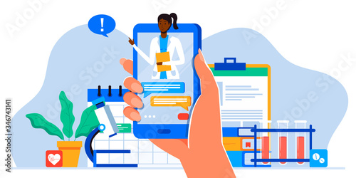 Smartphone screen with male therapist on chat in messenger and an online consultation. Vector flat illustration. Ask doctor. Online medical advise or consultation service, tele medicine, cardiology