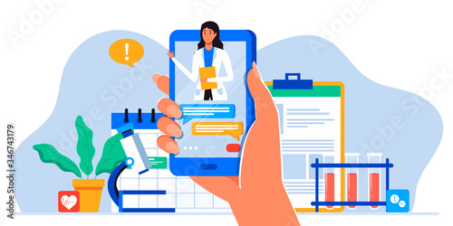 Smartphone screen with male therapist on chat in messenger and an online consultation. Vector flat illustration. Ask doctor. Online medical advise or consultation service, tele medicine, cardiology
