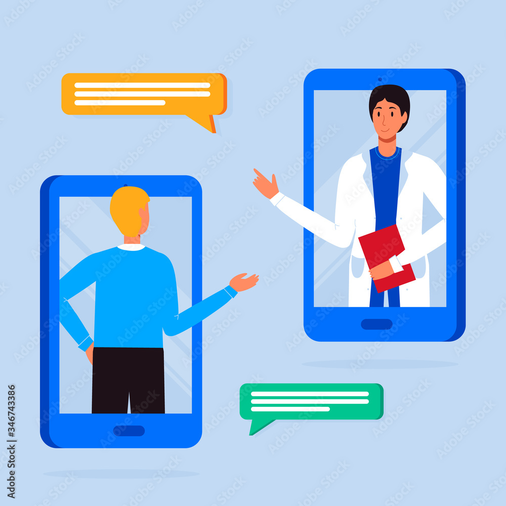 Doctor appointment. Online consultation. Modern healthcare technologies. Hospital. Young patient character talking with doctor via phone. Telemedicine, consultation, therapy, pharmacy. App, messenger.