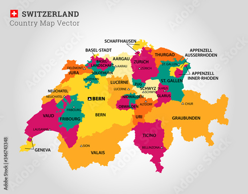 Illustration of a detailed map of Switzerland. Colorful Map of Switzerland with all states and country boundaries.