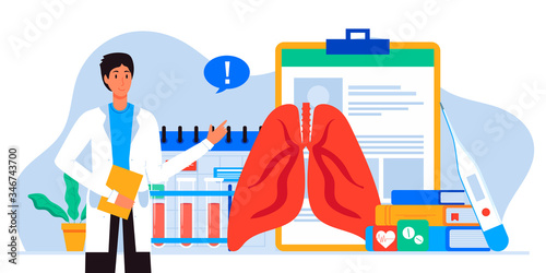 Lung inspection. Pulmonology of human vector illustration for website, app, banner. Fibrosis, virus, tuberculosis, pneumonia, cancer, lung diagnosis doctors treat, scan lungs. Medical office equipment