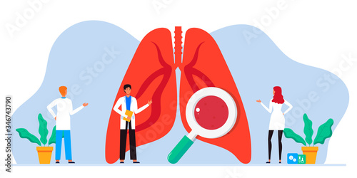Lung inspection. Pulmonology of human vector illustration for website, app, banner. Fibrosis, virus, tuberculosis, pneumonia, cancer, lung diagnosis doctors treat, scan lungs. Medical office equipment