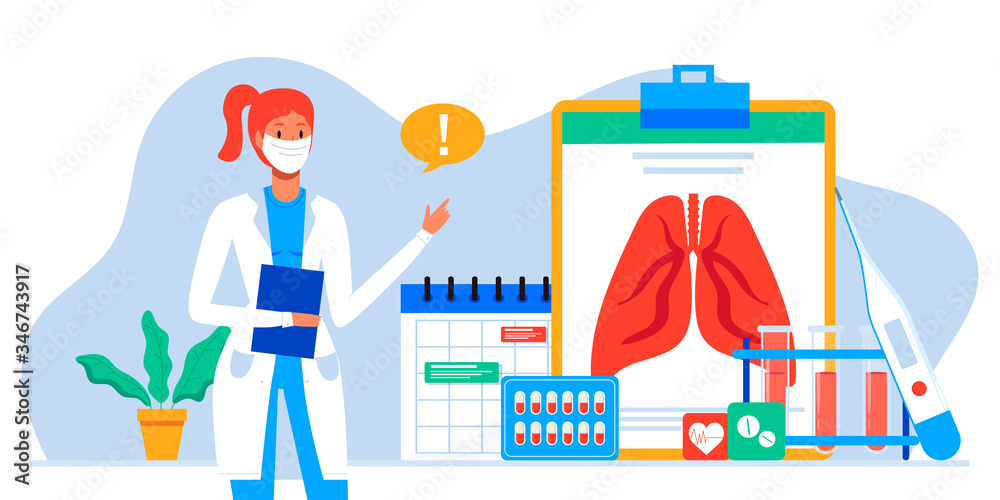 Lung inspection. Pulmonology of human vector illustration for website, app, banner. Fibrosis, virus, tuberculosis, pneumonia, cancer, lung diagnosis doctors treat, scan lungs. Medical office equipment