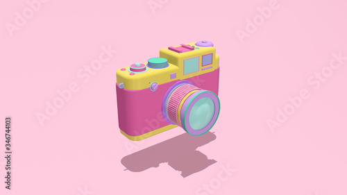 3d render illustration of photo camera. Retro 80's style. Cute and pastel colors. 