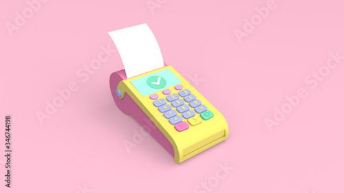 3d render illustration of payment  credit card terminal (POS). Retro 80's style. Cute and pastel colors. 