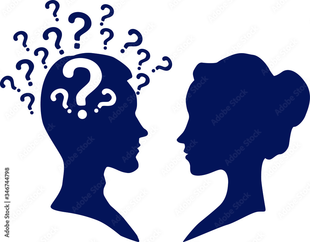 man and woman silhouette with question mark signs inside the man head, isolated on white, vector illustration